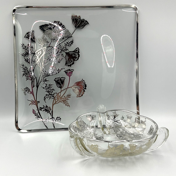 Vintage 50s Silver City Sterling Overlay Poppy Floral Serving Platter Candy Dish - Picture 7 of 13